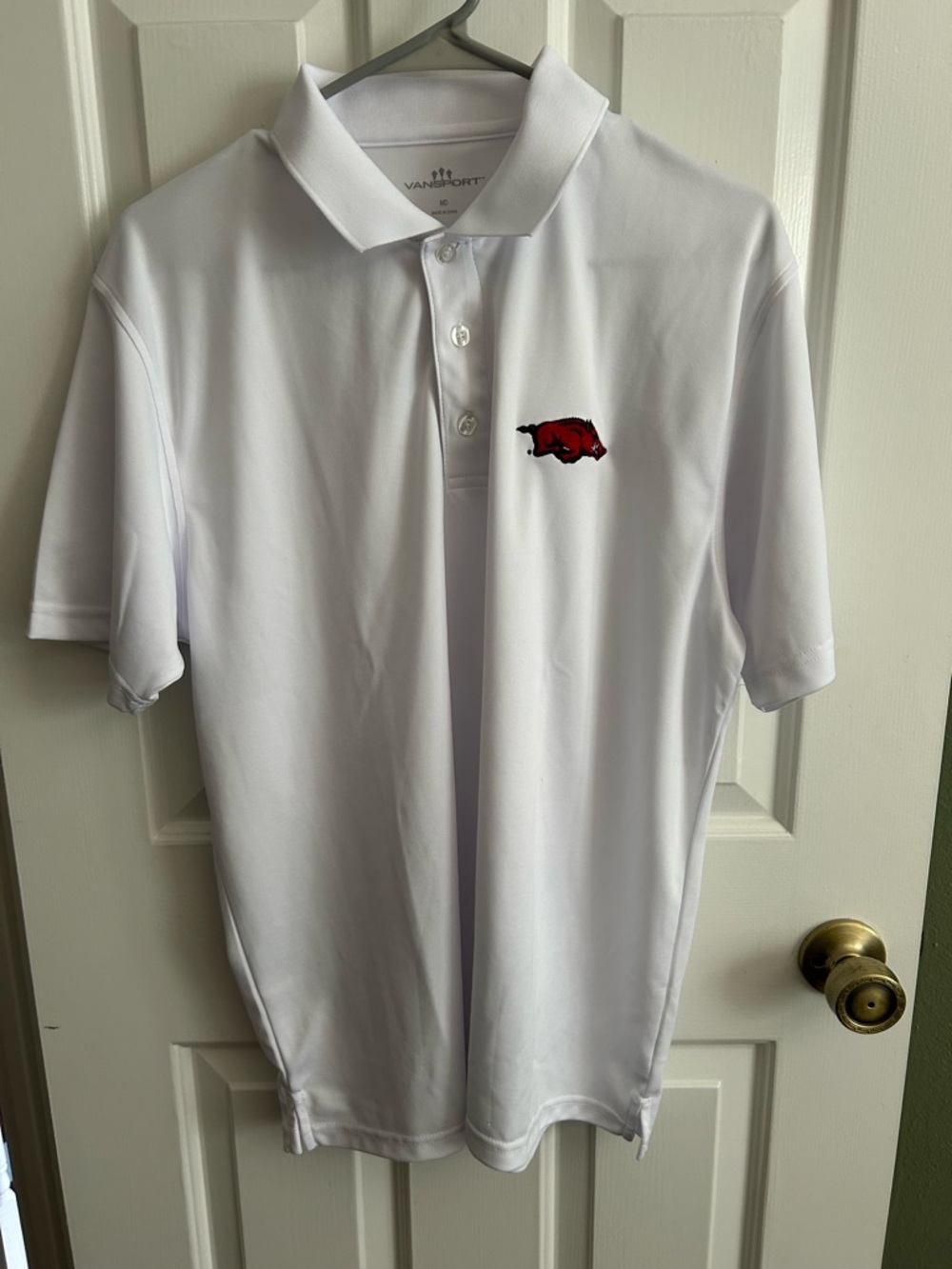 Vansport White Polo with Red Razorback Embroidery